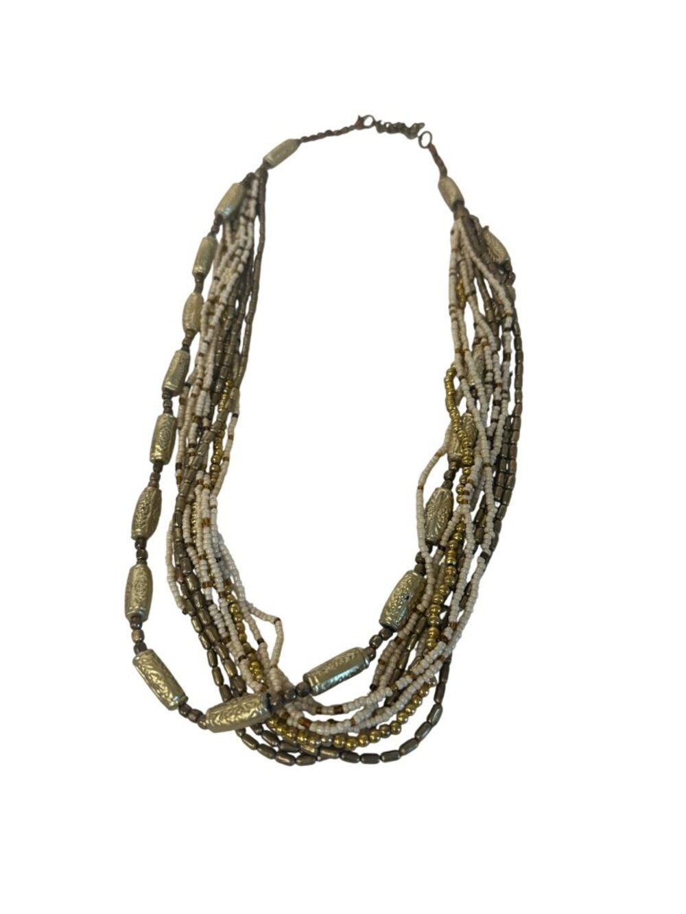 Vintage Necklace Multistrand Beaded Gold Cream Statement Layered Boho Chunky